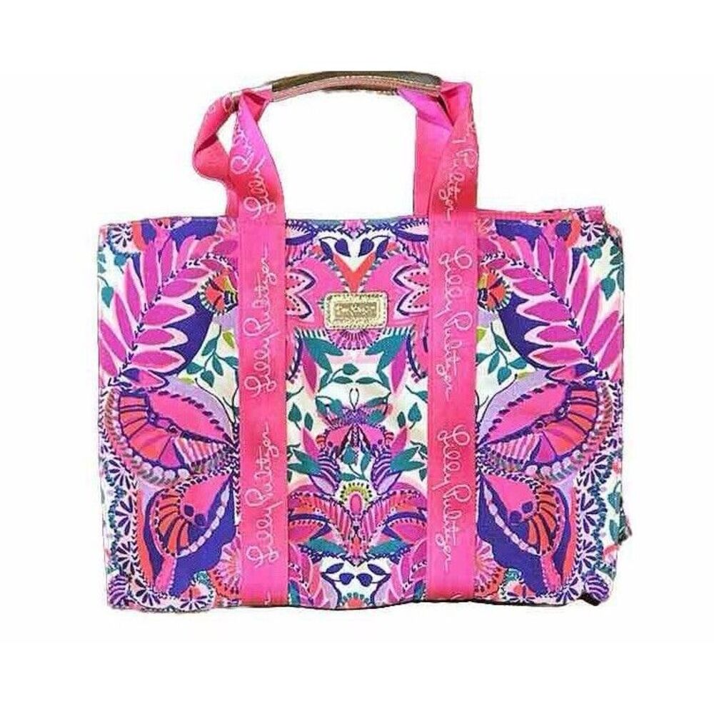 Lilly Pulitzer‎ NWT Logo Tote Bag She's Too Fly Pink Canvas Floral Tropical
